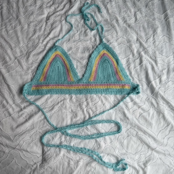 Shein Colorful Rainbow Blue Pink Yellow Crochet Bikini Crop Top Wrap Tie - Picture 1 of 4